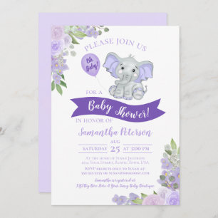 Oh Baby! Cute Elephant Purple Floral Baby Shower Invitation