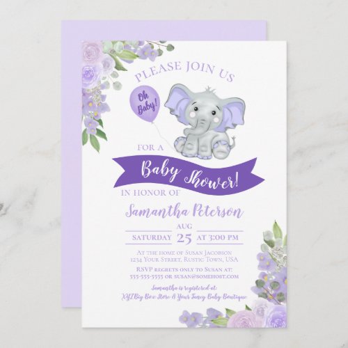 Oh Baby Cute Elephant Purple Floral Baby Shower Invitation