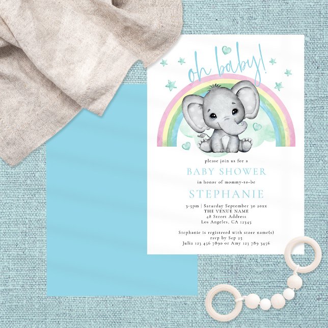 Oh Baby Cute Elephant Rainbow Blue Baby Shower Invitation (Creator Uploaded)