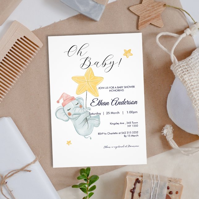 Oh Baby Cute Elephant Stars Baby Shower Invitation (Oh Baby Cute Elephant Stars Baby Shower Invite)