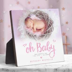 Oh Baby Cute Girl Birth Photo Pink Script Keepsake Plaque