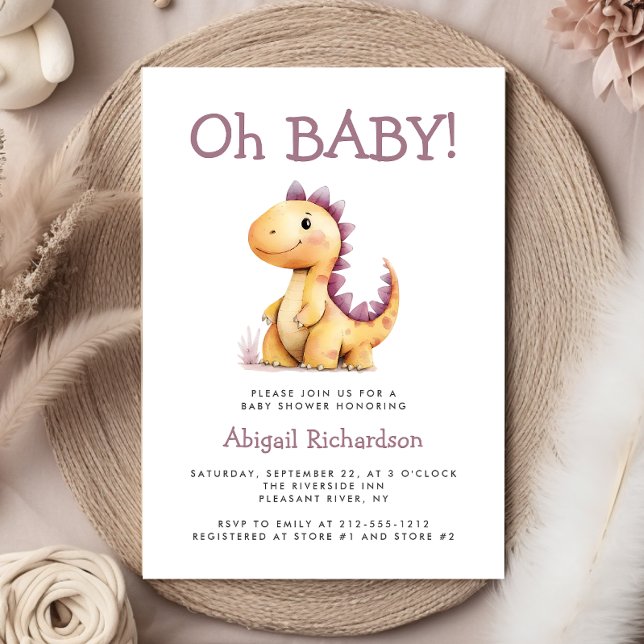 Oh Baby Cute Orange Purple Dinosaur Baby Shower Invitation (Creator Uploaded)