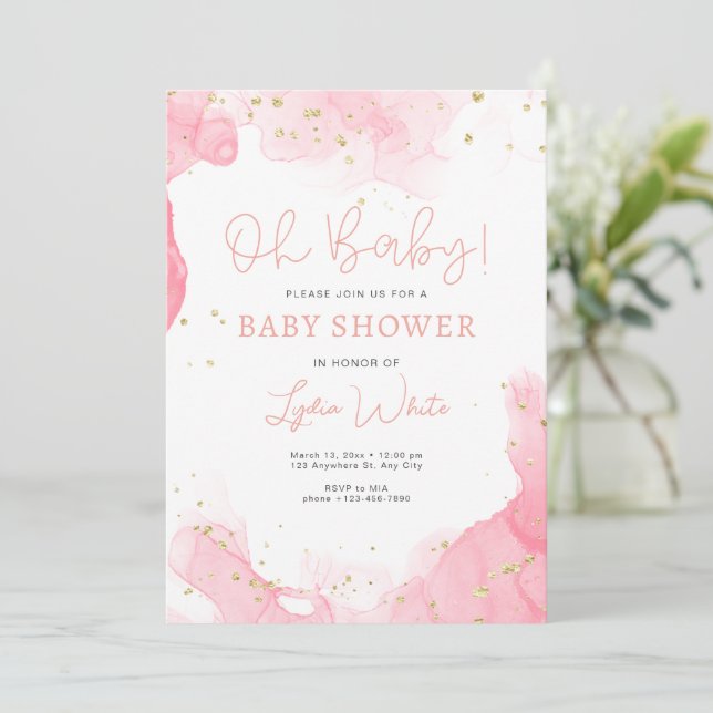 Oh Baby Cute Pink Girl Baby Shower, Modern Baby Sh Invitation (Standing Front)