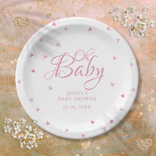 Oh Baby Cute Pink Hearts Baby Shower Paper Plates
