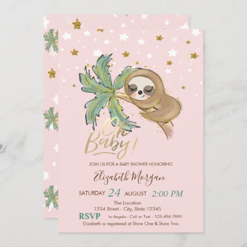 Oh Baby Cute Sleeping Sloth Stars Baby Shower Invitation