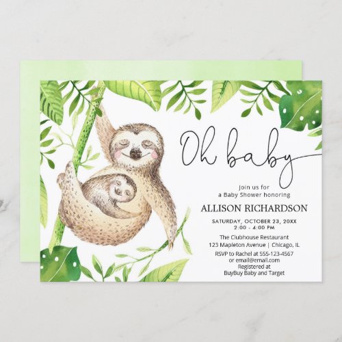 Oh Baby cute sloth tropical greenery baby shower Invitation