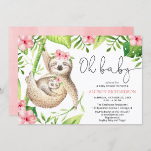 Oh Baby cute sloth tropical pink girl baby shower Invitation
