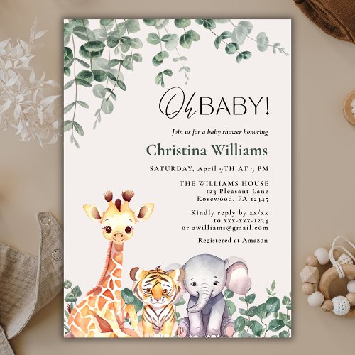 Oh Baby Cute Watercolor Safari Animals Baby Shower Invitation