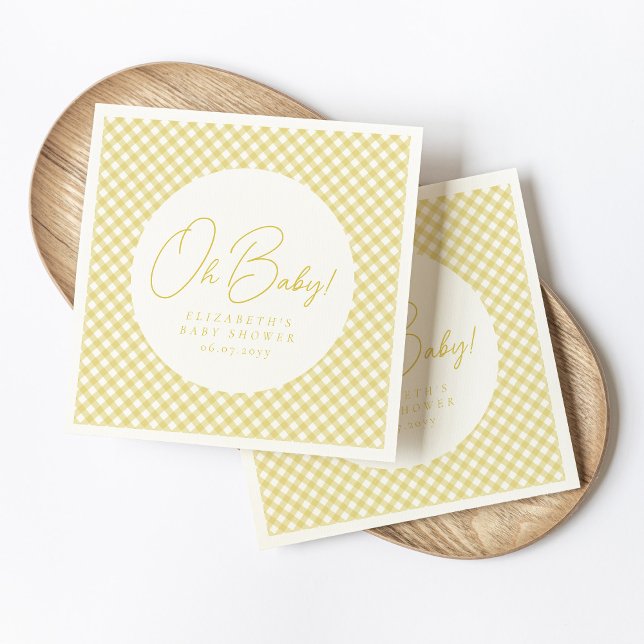 Oh baby cute yellow gingham neutral baby shower napkins (Creator Uploaded)