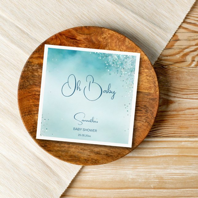 Oh baby cyan aqua blue baby shower template napkins (Oh baby cyan aqua blue ocean baby shower template printed napkins personalized tableware)