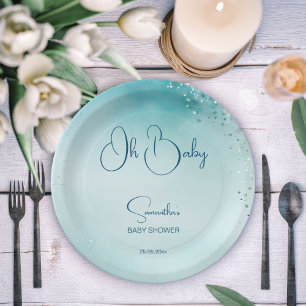 Oh baby cyan aqua blue baby shower template paper plates