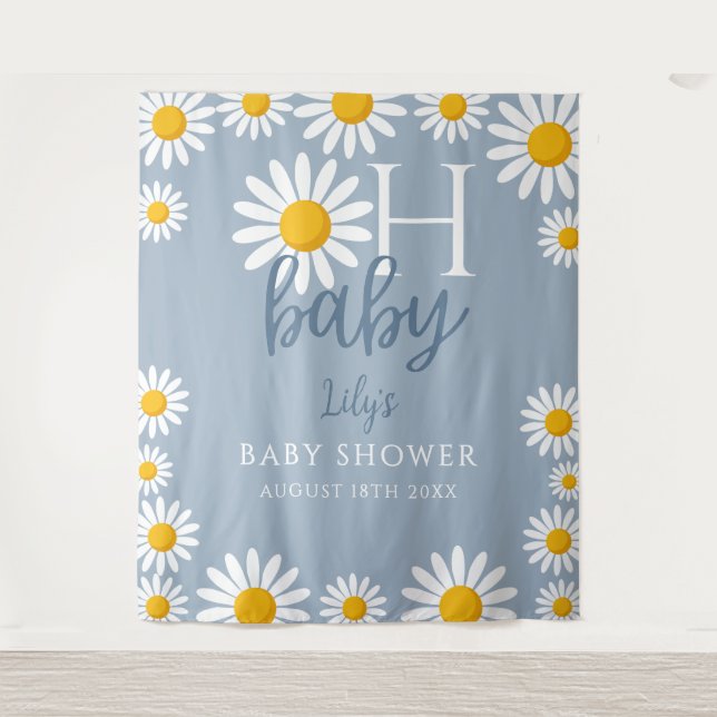 Oh Baby Daisy Blue Baby Shower Photo Backdrop (Front)