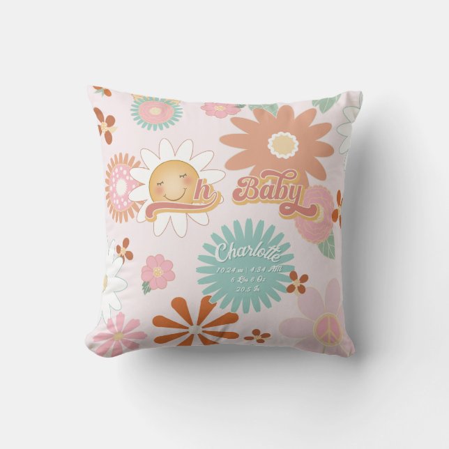 Oh Baby Daisy Flower Power Retro 60s 70s Pink Aqua Throw Pillow (Front)