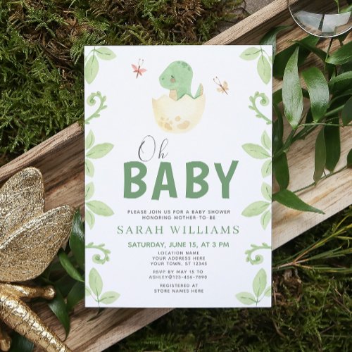 Oh Baby Dinosaur Girl Green Watercolor Shower Invitation