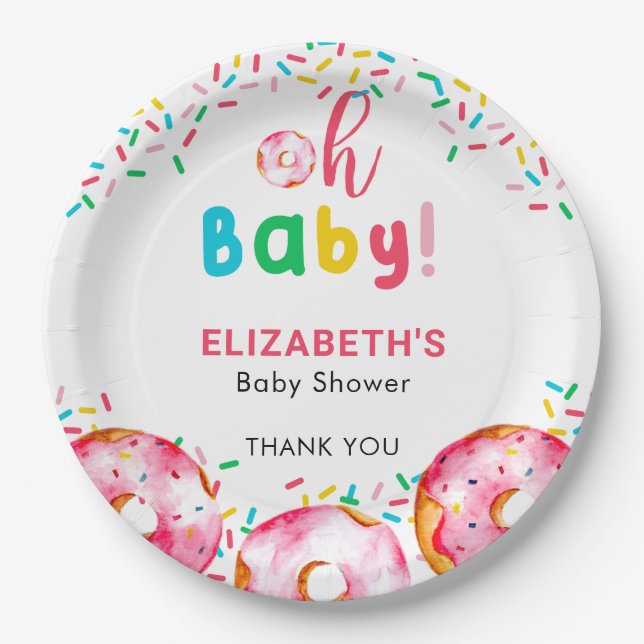 Oh Baby Donut Shower Cute Rainbow Sprinkles Paper Plates (Front)