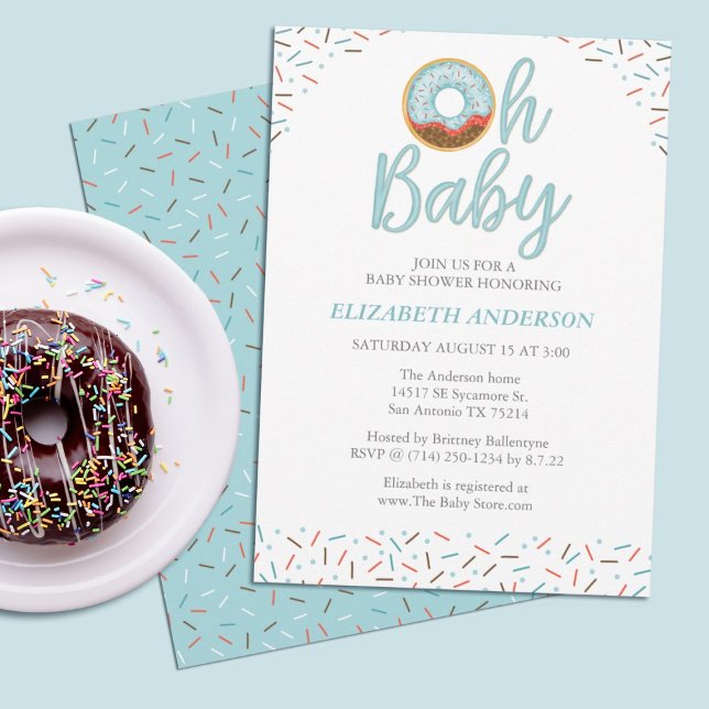 Oh Baby Donut Sprinkle Baby Boy Shower Invitation (A donut themed baby boy shower invitation.)