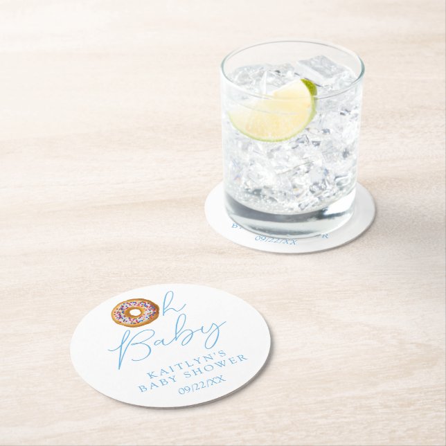 Oh Baby Donut Sprinkle Boys Baby Shower Round Paper Coaster (Insitu)
