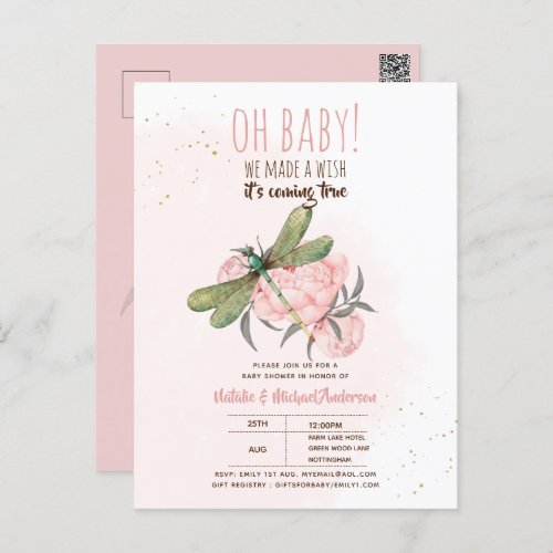 Oh Baby DRAGONFLY Make A Wish Baby Shower Floral I Postcard