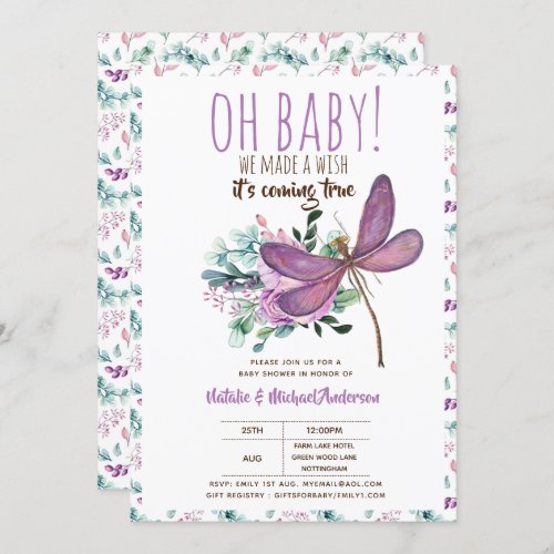Oh Baby DRAGONFLY Make A Wish Baby Shower Floral Invitation