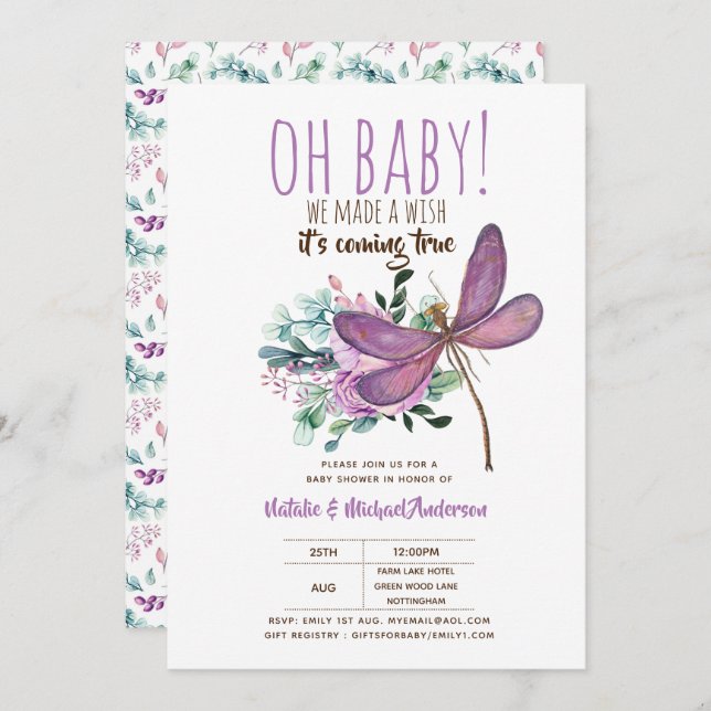 Oh Baby DRAGONFLY Make A Wish Baby Shower Floral Invitation (Front/Back)
