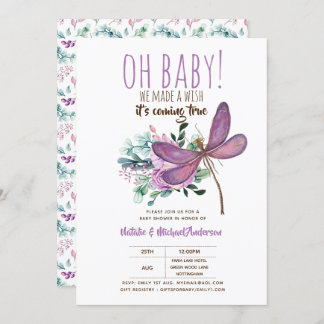 Oh Baby DRAGONFLY Make A Wish Baby Shower Floral Invitation