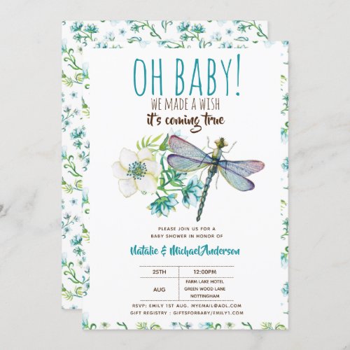 Oh Baby DRAGONFLY Make A Wish Baby Shower Floral Invitation