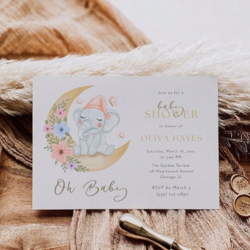 Oh Baby Dreamy Moon Elephant Baby Shower Invitation
