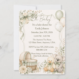 Oh Baby Duck and Koala Neutral Green Baby Shower Invitation