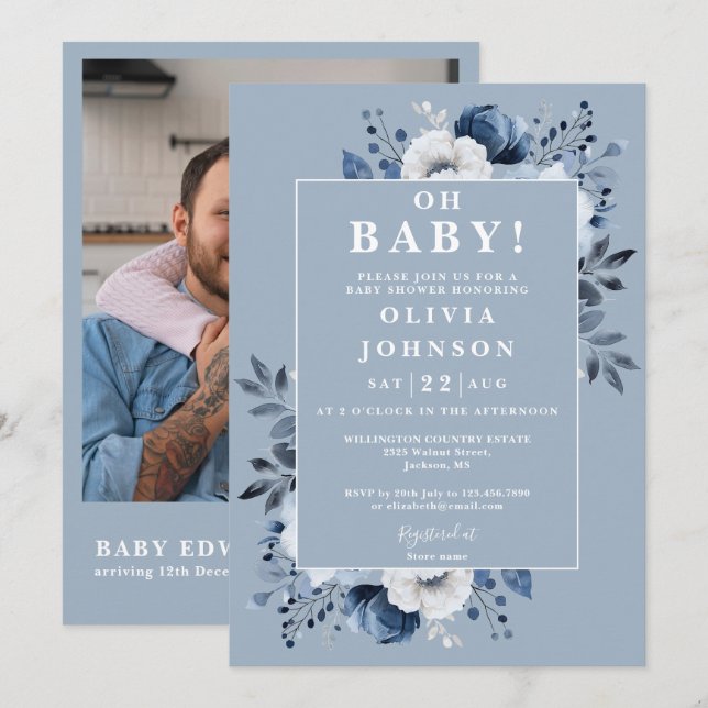 Oh Baby Dusty Blue Floral Photo QR Baby Shower Invitation (Front/Back)
