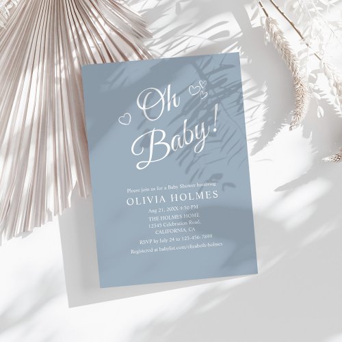 Oh Baby Dusty Blue Modern Minimalist Baby Shower Invitation