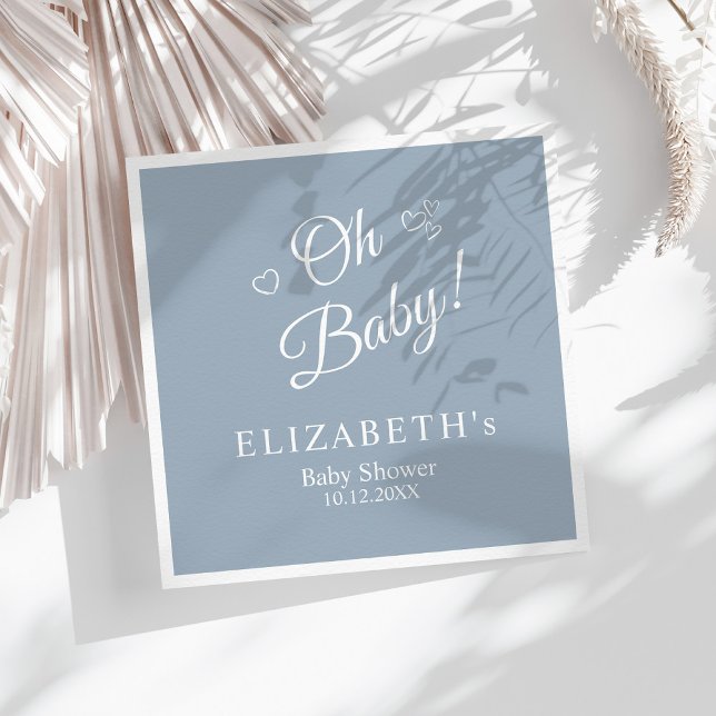 "Oh Baby" Dusty Blue Modern Minimalist Baby Shower Napkins ("Oh Baby" Dusty Blue Modern Minimalist Baby Shower Napkins on a sunny white boho table.)