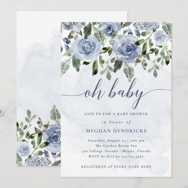 Oh Baby | Dusty Blue Watercolor Flowers Shower Invitation (Front/Back)