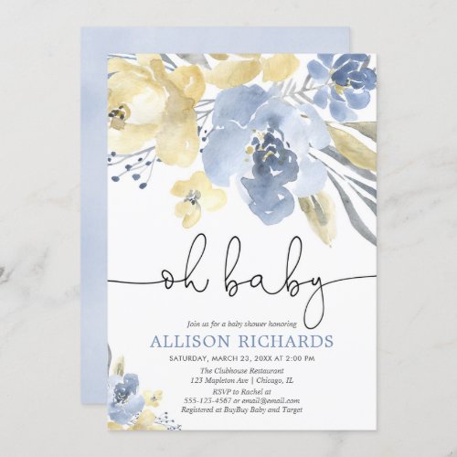 Oh baby dusty blue yellow floral boy baby shower invitation
