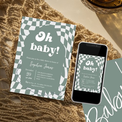 Oh Baby Dusty Checkered  Gingham  baby shower I Invitation