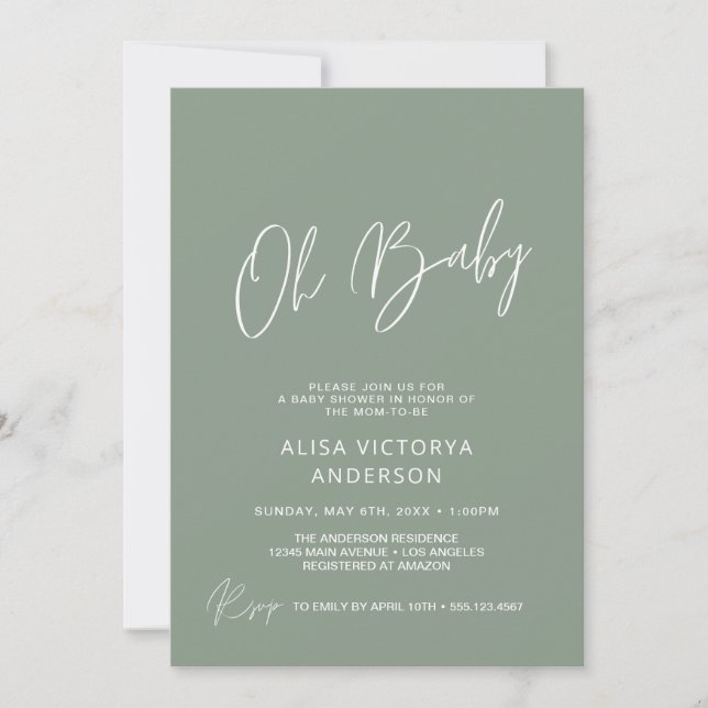 Oh Baby Dusty Green Simple Shower Invitation (Front)