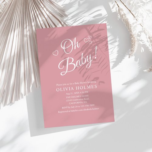 Oh Baby Dusty Pink Modern Minimalist Baby Shower Invitation