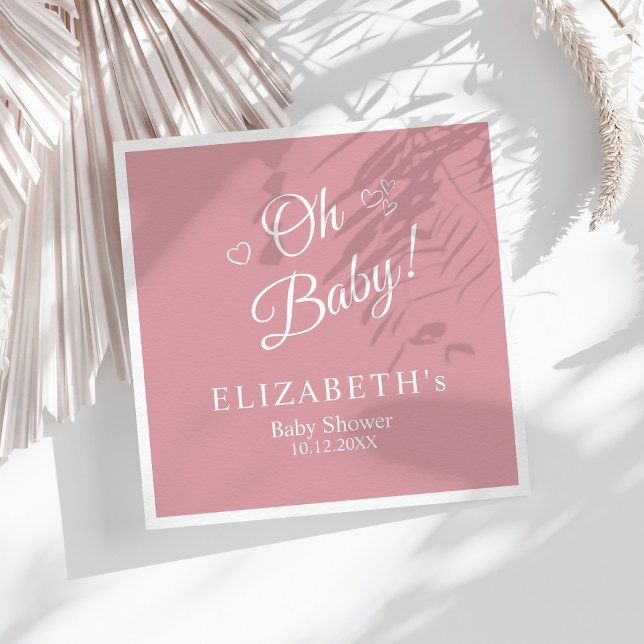 "Oh Baby" Dusty Pink Modern Minimalist Baby Shower Napkins ("Oh Baby" Dusty Pink Modern Minimalist Baby Shower Napkins on a sunny white boho table.)