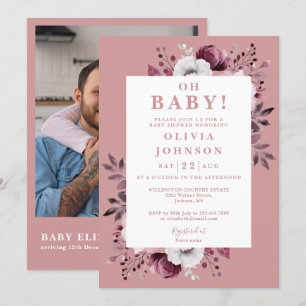 Oh Baby Dusty Rose Floral Photo QR Baby Shower Invitation