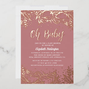 Oh baby. Dusty rose gold floral line baby shower Foil Invitation