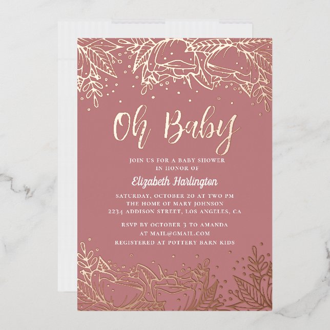 Oh baby. Dusty rose gold floral line baby shower Foil Invitation (Envelope)