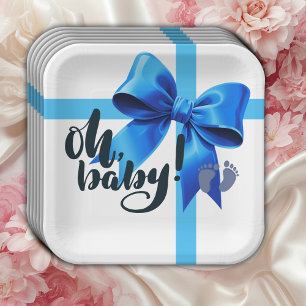 Oh Baby! Elegant Blue Bow Baby Shower Paper Plates