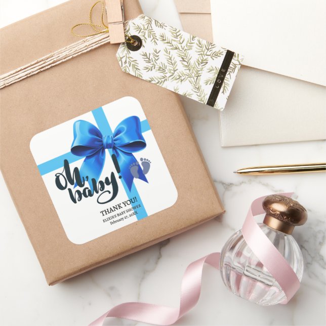 Oh Baby! Elegant Blue Bow Baby Shower Square Sticker (Gifting)