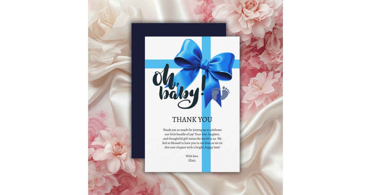 Oh Baby! Elegant Blue Bow Baby Shower Thank You Card | Zazzle