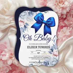 Oh Baby! Elegant Floral Blue Bow Baby Shower Invitation