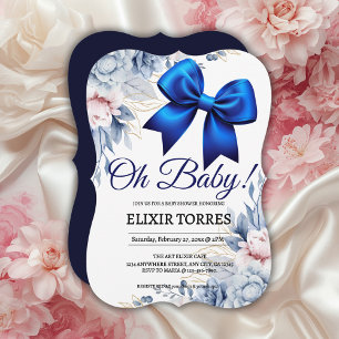 Oh Baby! Elegant Floral Blue Bow Baby Shower Invitation