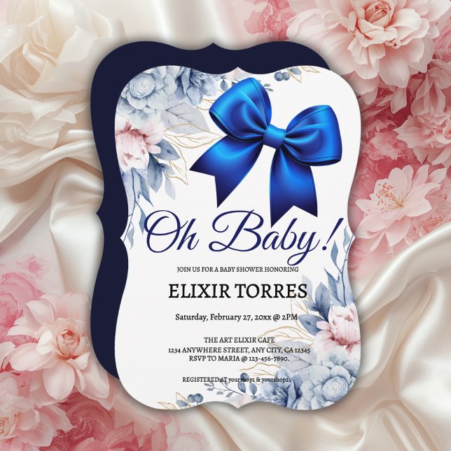Oh Baby! Elegant Floral Blue Bow Baby Shower Invitation (Creator Uploaded)
