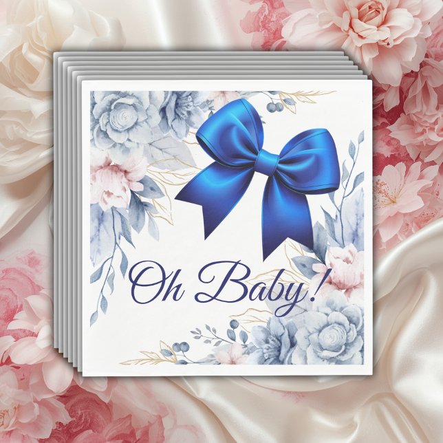 Oh Baby! Elegant Floral Blue Bow Baby Shower Napkins (Creator Uploaded)