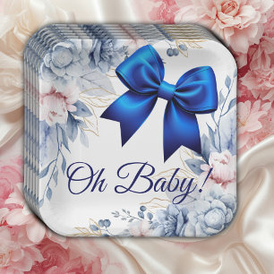Oh Baby! Elegant Floral Blue Bow Baby Shower Paper Plates
