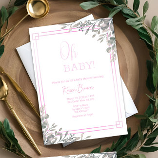 Oh baby Elegant Greenery and Pink Baby Shower Invitation