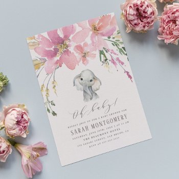 Oh Baby Elegant Pink Floral Elephant Baby Shower Invitation Postcard by Cali_Graphics at Zazzle